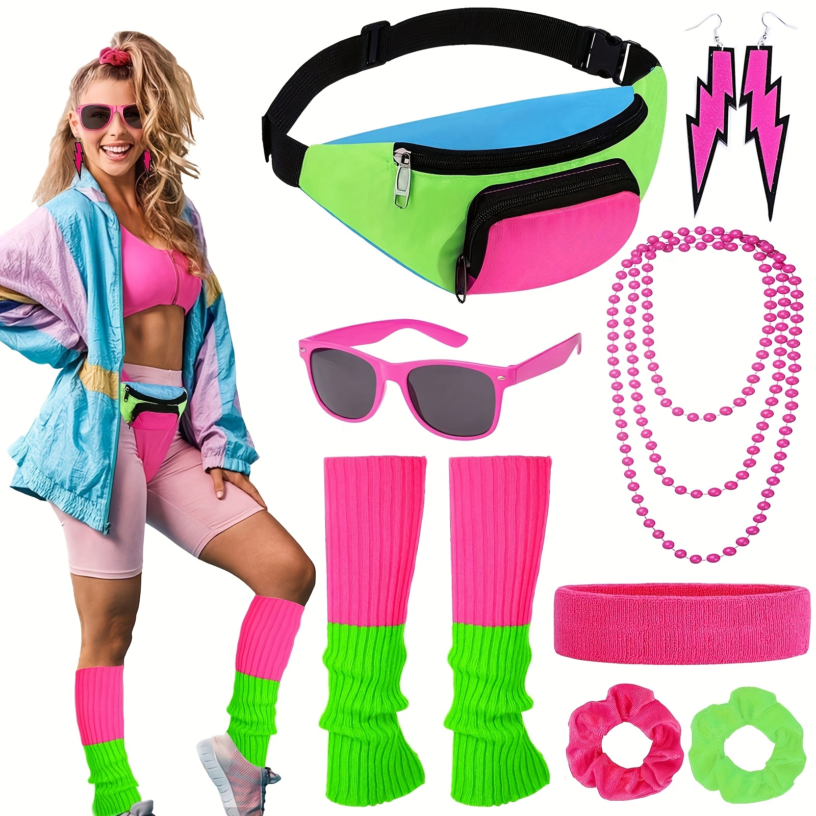 

10pcs 80's Fancy Dress Costume Accessories, Neon Bum Bag Headband Leg Warmers Necklace Earrings Fashion Glasses Scrunchies, 1980s Neon Accessories For Women Cosplay