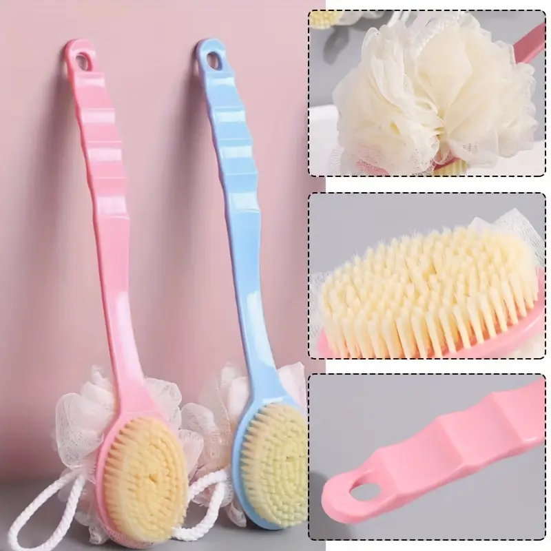 1pc long handle bath brush with loofah multi functional scrubbing brush dual sided soft bristle shower brush with loofah Product details 2