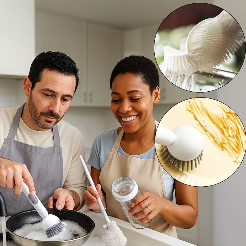 3pcs dish brush set rotating brush with detergent dispenser 2 long handled 90 cup brushes multi functional kitchen cleaning set   removes grease   stains and dead corners details 3