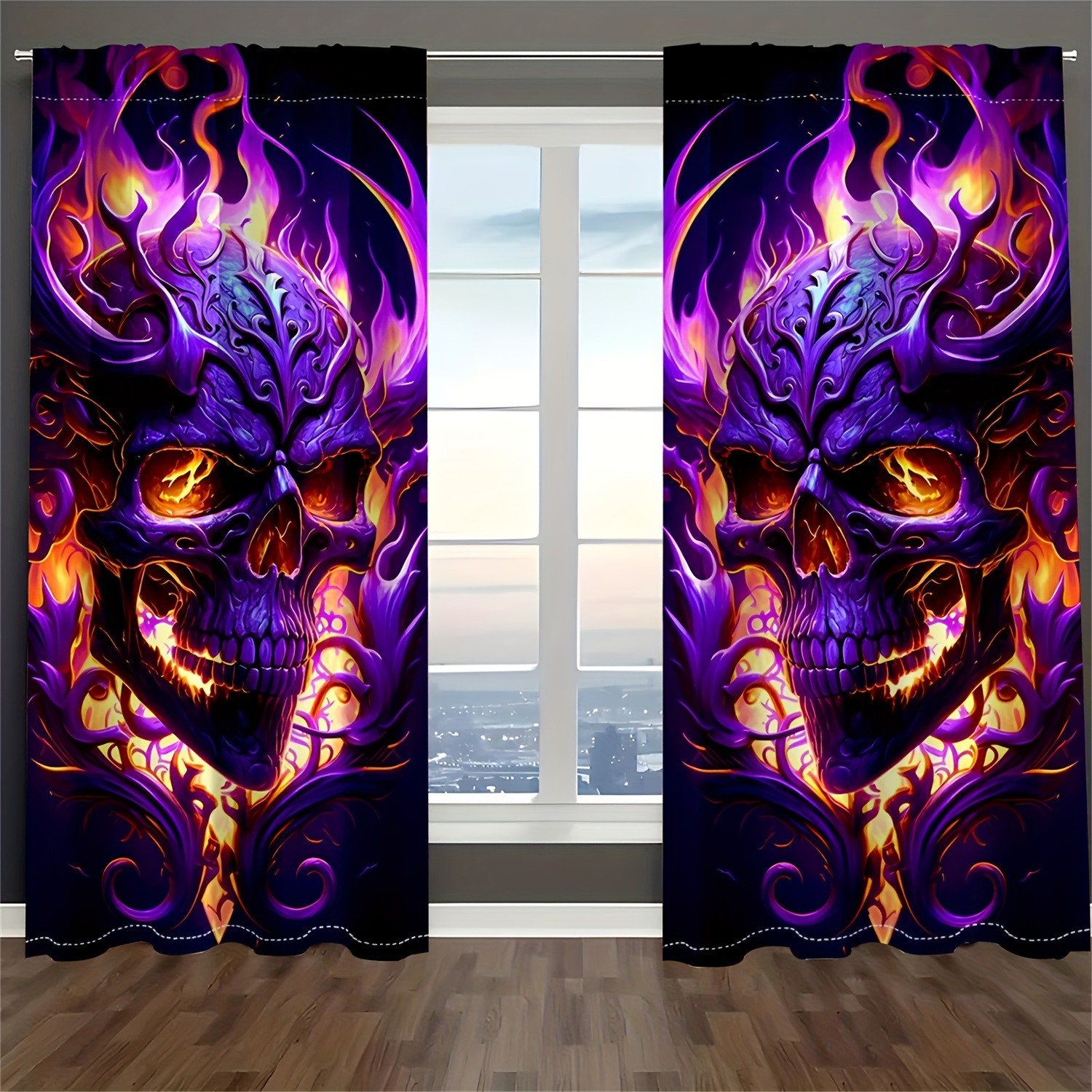 2pcs halloween skull butterfly chrysanthemum curtains semi transparent privacy protecting drapes for living room and bedroom decor details 5