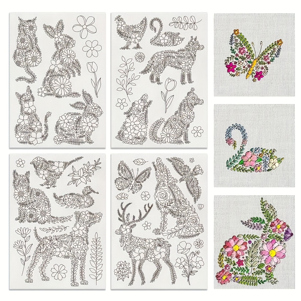 Image of 41pcs (4 Sheets) Floral & -soluble Embroidery - Tear-resistant Hand Sewing With Cat, Bird, Deer, Rabbit & Designs, For Shirts, Jackets, Bags, Towels - White/black Fabric For Embroidery & Clothing Diy