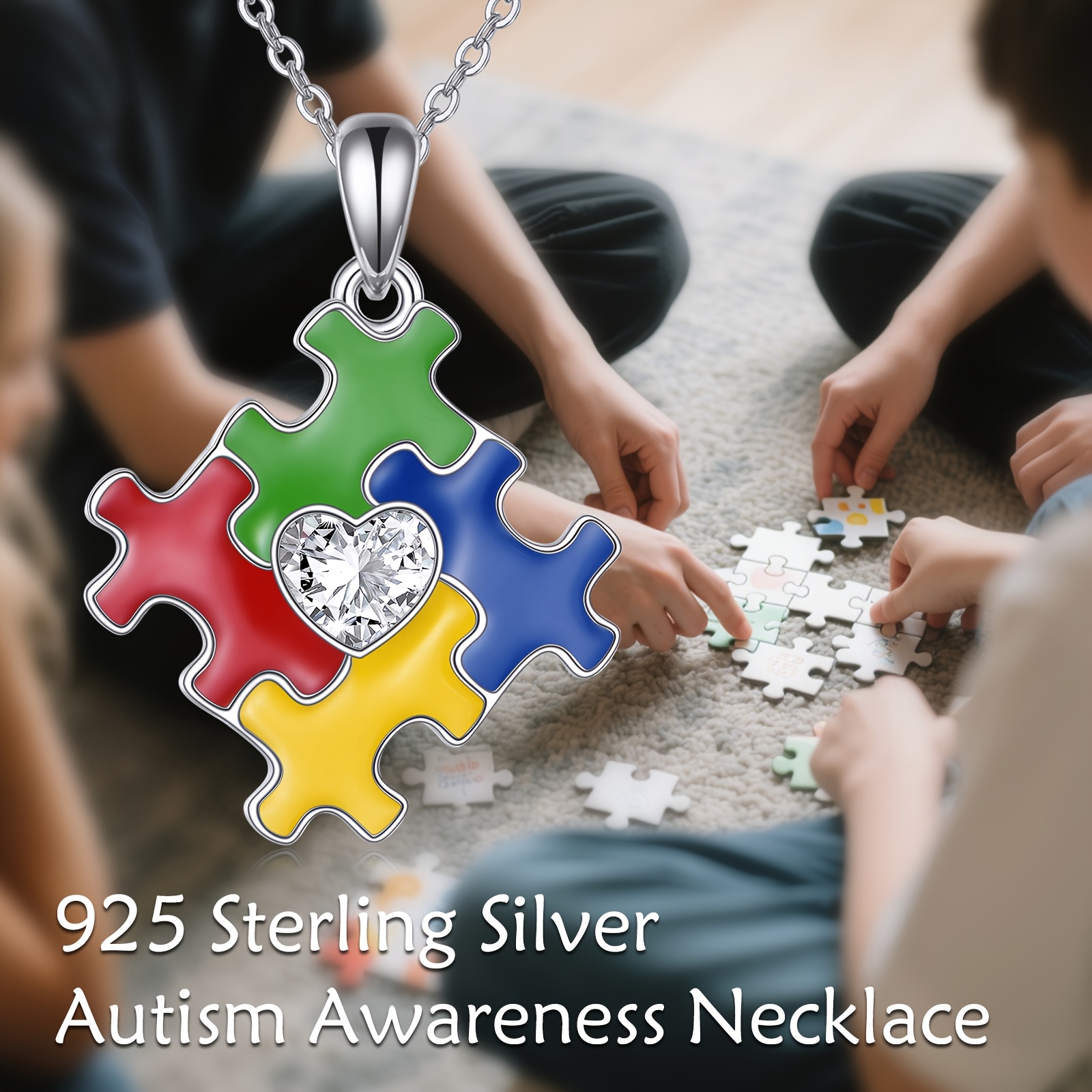 Women's S925 Sterling Silver Puzzle Piece Pendant Necklace — Autism Awareness