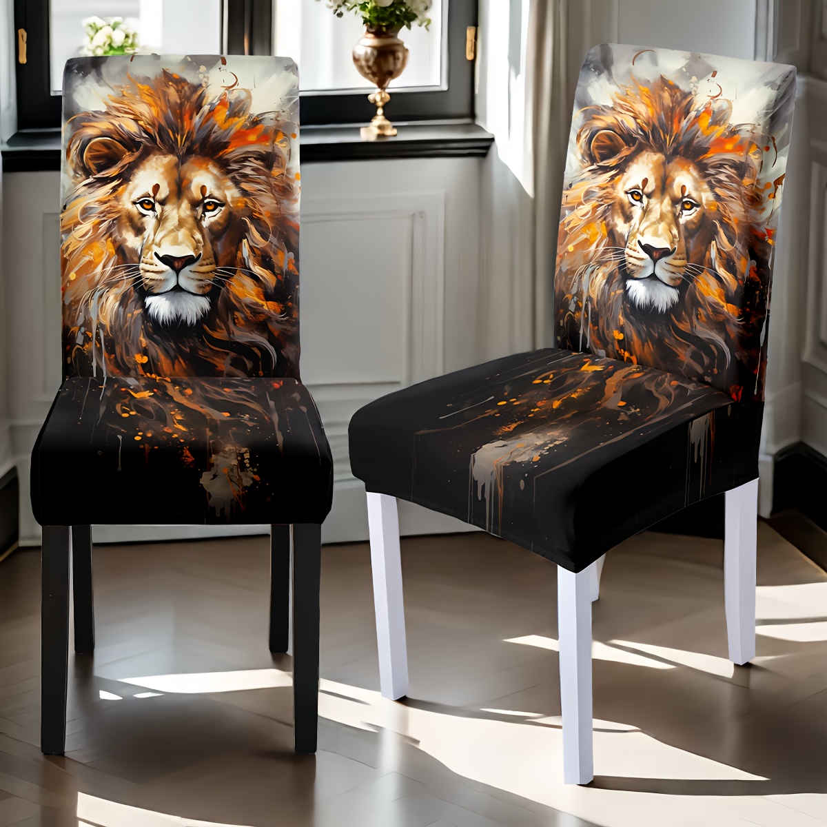 

2/4/6pcs Lion Pattern Chair Covers Set - Washable & Removable, Stretch Fabric With Band, For Home & Dining Room Decor