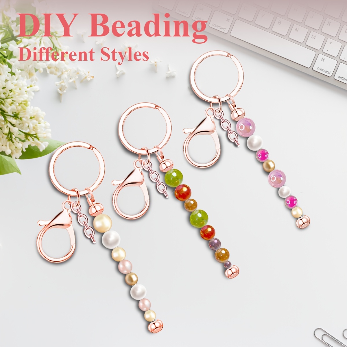 12pcs Stainless Steel Beadable Keychain Blanks Kit with Rose Gold and Silver Charms for Crafting