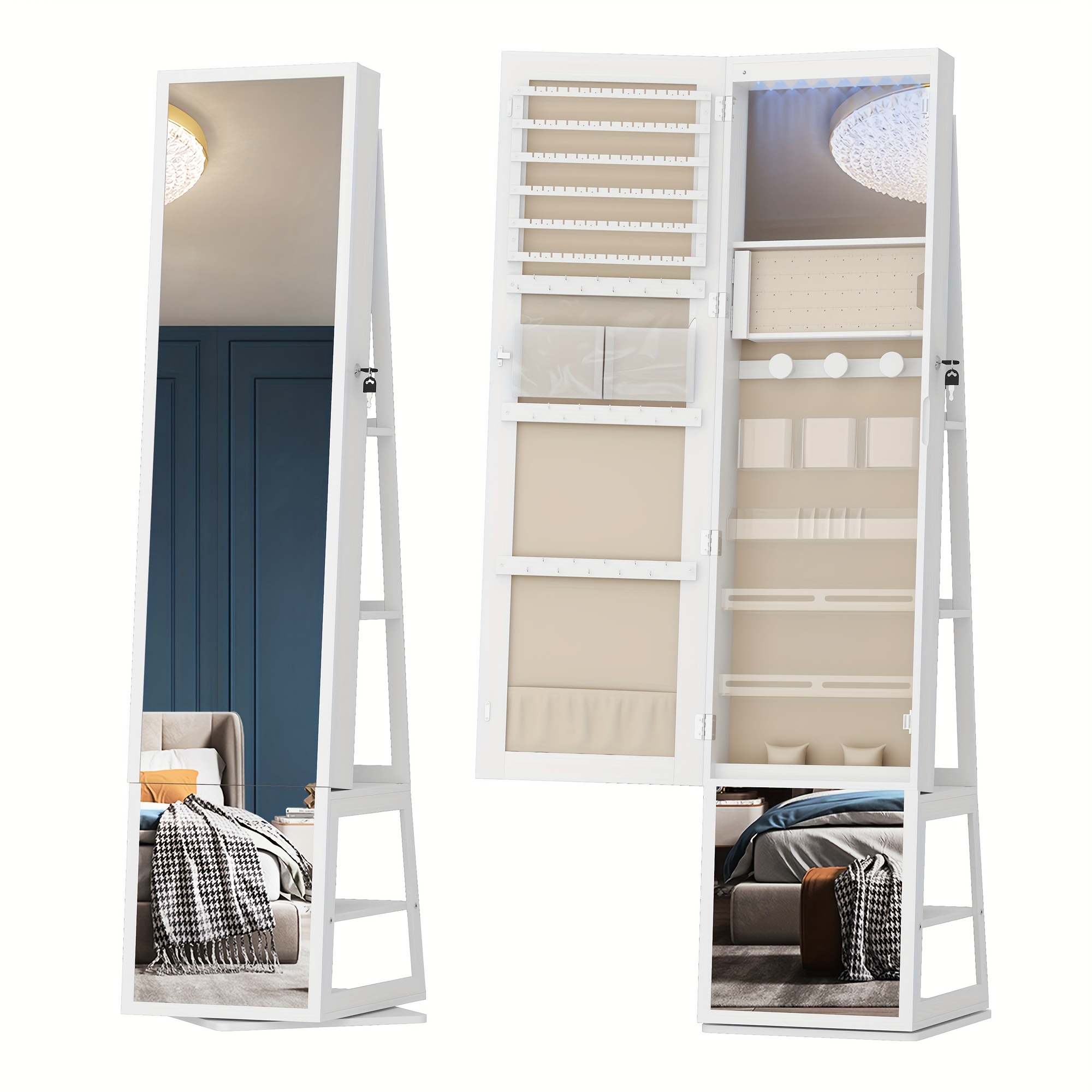 TEMU Luxurious 4-in-1 Jewelry Organizer With Full-length Mirror - Lockable, Spacious Storage For Earrings, Rings, Necklaces & More - Includes Makeup And Shoe Mirrors, Jewelry Armoires