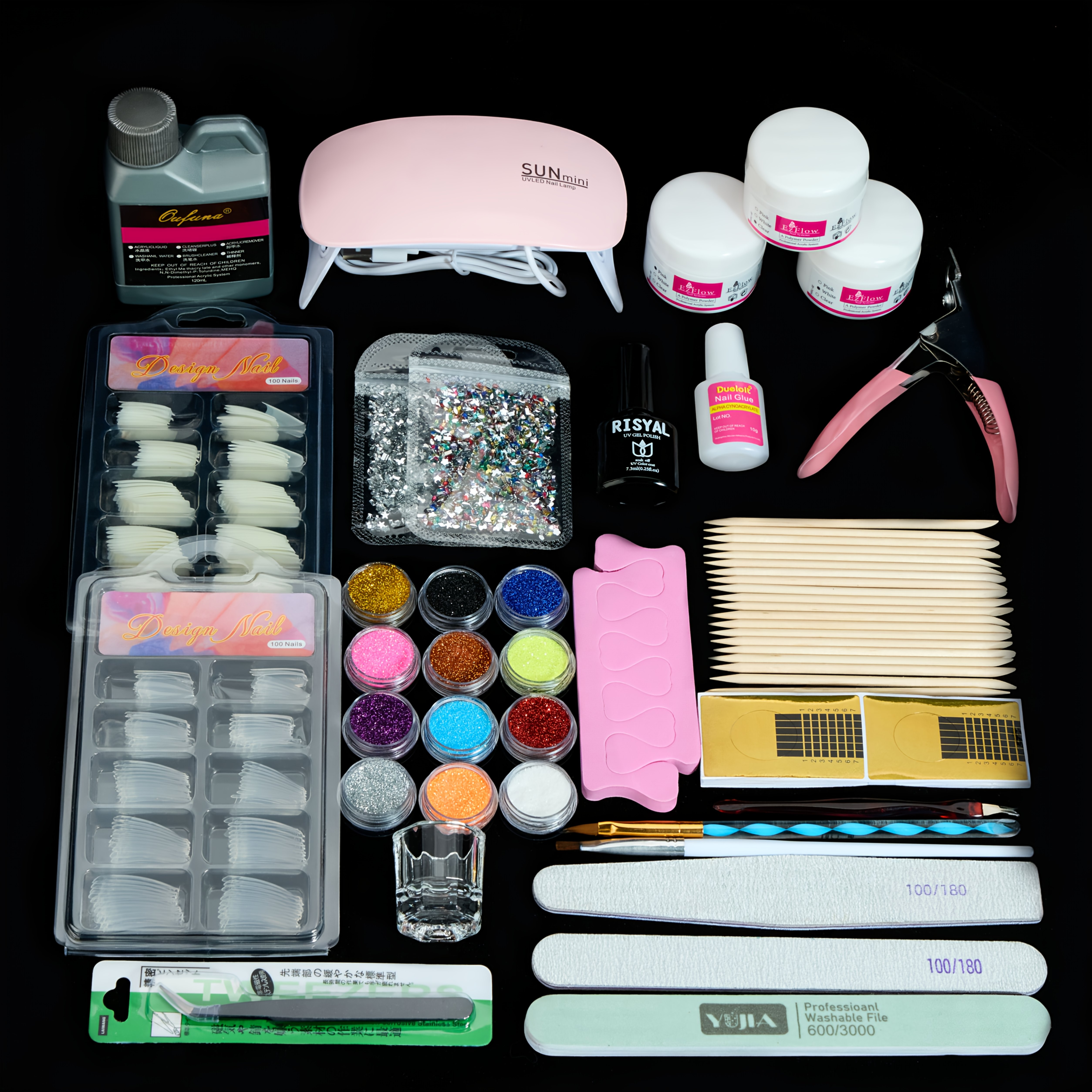 TEMU -1 Acrylic Nail Kit Acrylic Nail Set With Drill And Light, Colored Acrylic Nail Powder Nail Starter Kit Decoration Tools With Everything For