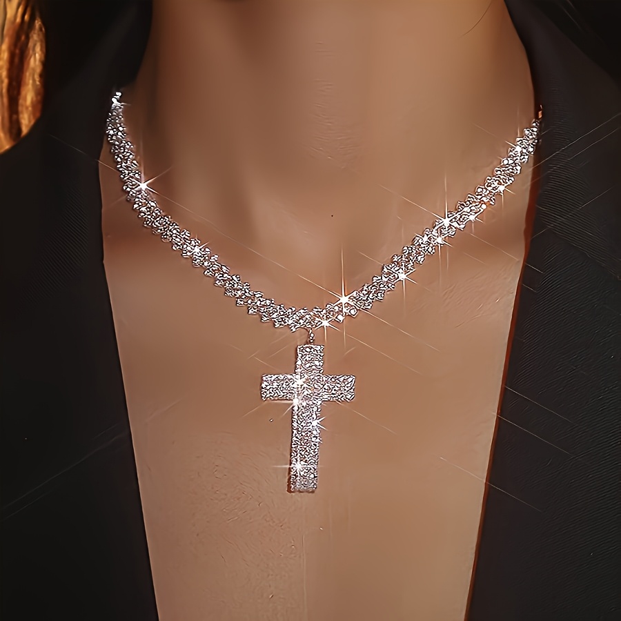 Image of 1pc Fashion Trendy Claw Chain Brazed Synthetic Zirconia Cross Pendant Necklace Women's Jewelry