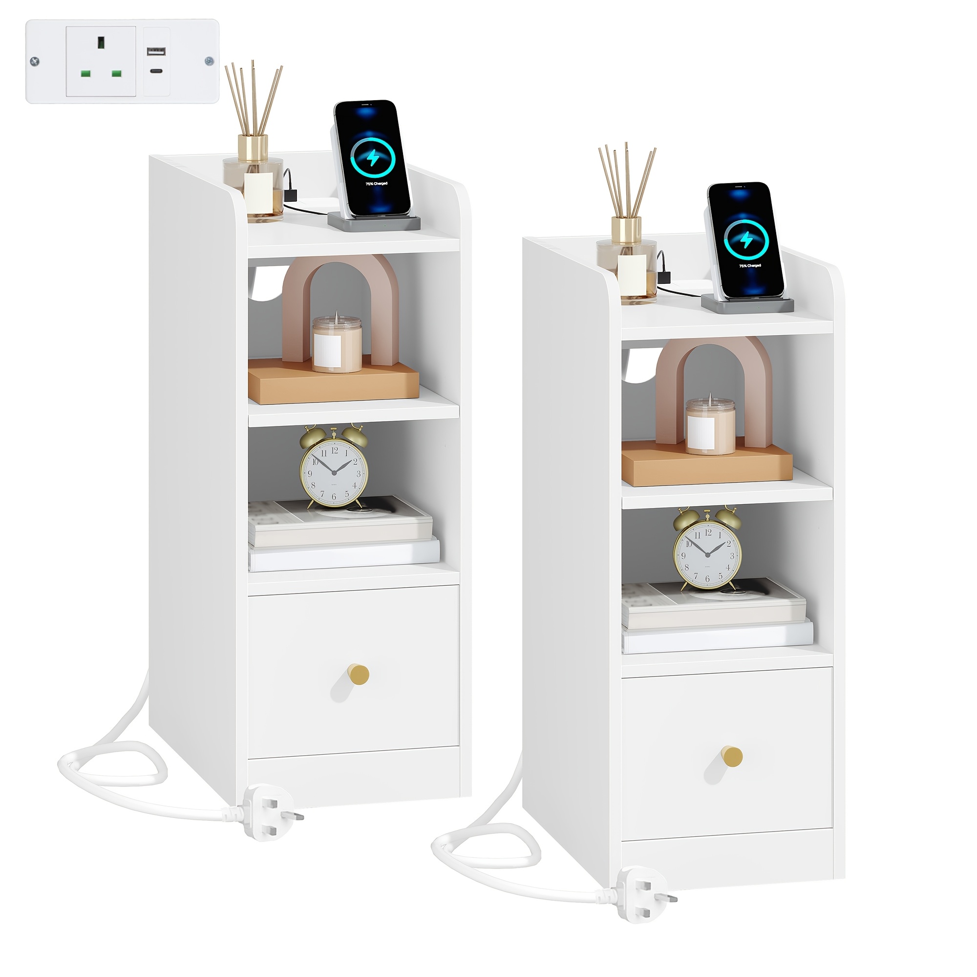 TEMU Slim Bedside Tables Set Of 2 With Charging Station, Narrow Bedside Cabinet With Drawer, Usb & Type-c Ports, Nightstands With Adjustable Shelves