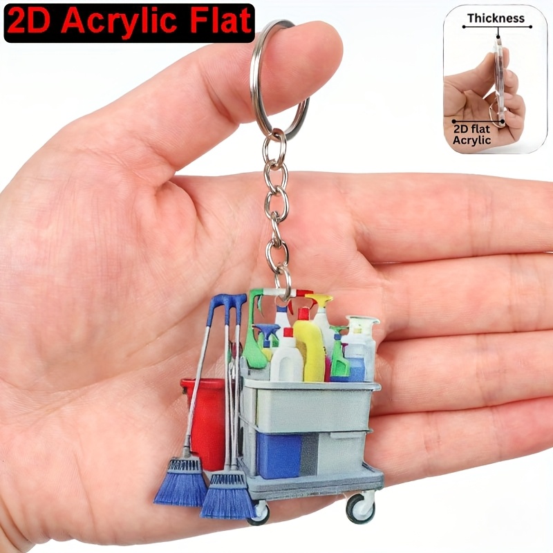 TEMU 2d Flat, 2d Flat Surface, 1 Multi-functional Cleaning Supplies Themed Keychain With Multi-ring Design And Color-coded Hanging Loops - For Car
