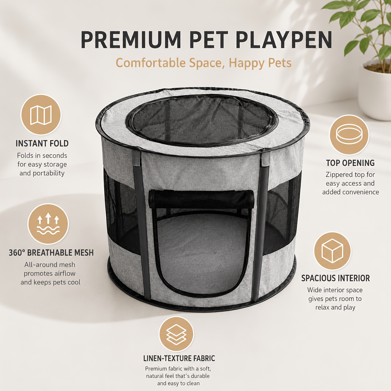 Foldable Portable Pop-Up Pet Playpen with Breathable Mesh Panels