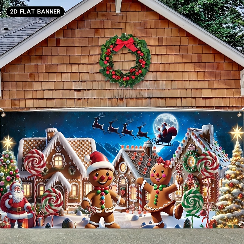 TEMU 2d Flat Banner, Of Christmas Gingerbread House Garage Door Decoration, Gingerbread Garage Door Banner Cover, Peppermint Candy Cane, Gingerbread