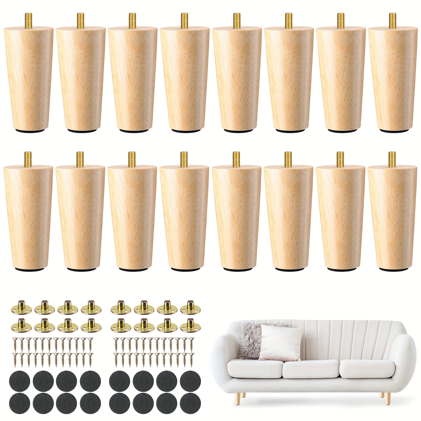 

16pcs 4-inch Round Solid Wood Furniture Legs, Light Yellow - Replacement Feet For Chairs, Dressers, Couches, Tables, Cabinets, And Sofas, Diy