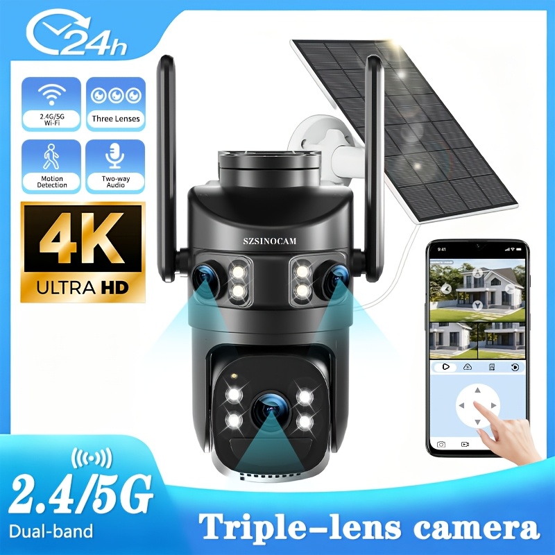 Image of 4k Wireless Outdoor Solar Powered Security Camera 2.4g/5g Wifi, 360° Panoramic View Ptz Camera, 3-lens, Pir Human Detection, Alarm Push, Color Night Vision, Audio, Solar Panel Or Usb Charging