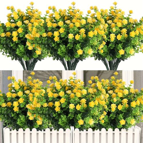 Artikelbild 18 bündel künstliche gelbe eukalyptus- , künstliche outdoor-pflanzen, lichtechte, wartungsfreie kunststoffsträucher, sehr gut für innen-/außendekoration, garten, veranda, fenster, balkon (gelbe eukalyptus)