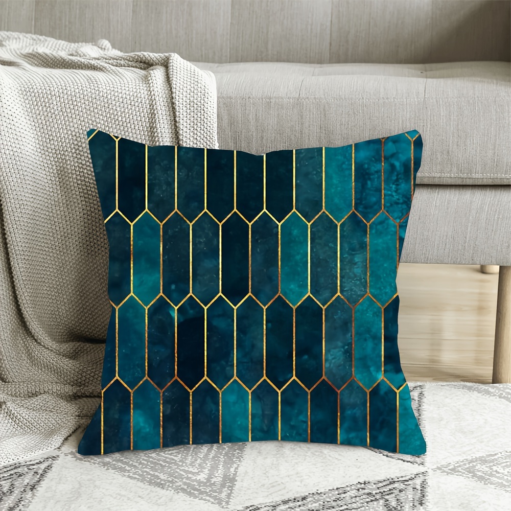 

1pc Luxurious Short Plush 18x18" Throw Pillow Cover - Deep Teal & Blue Golden Pattern | Perfect For Home, Bedroom, Living Room Decor | Machine Washable With Zip Closure