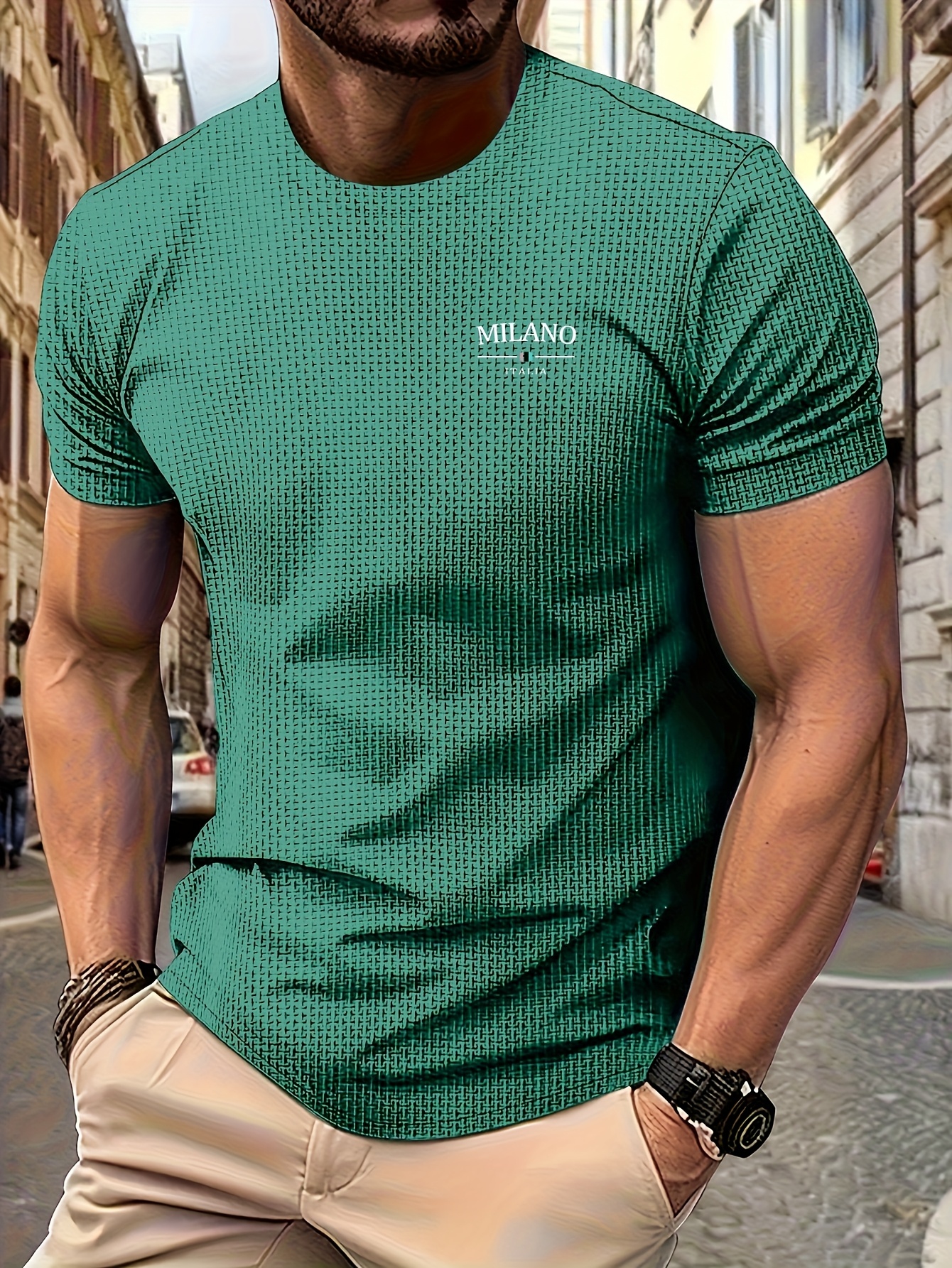 Men's Milan Print Short Sleeve Crew Neck T-Shirt, Breathable Nylon Blend, Comfortable Casual Top for Summer Outdoor Activities & Tennis Training
