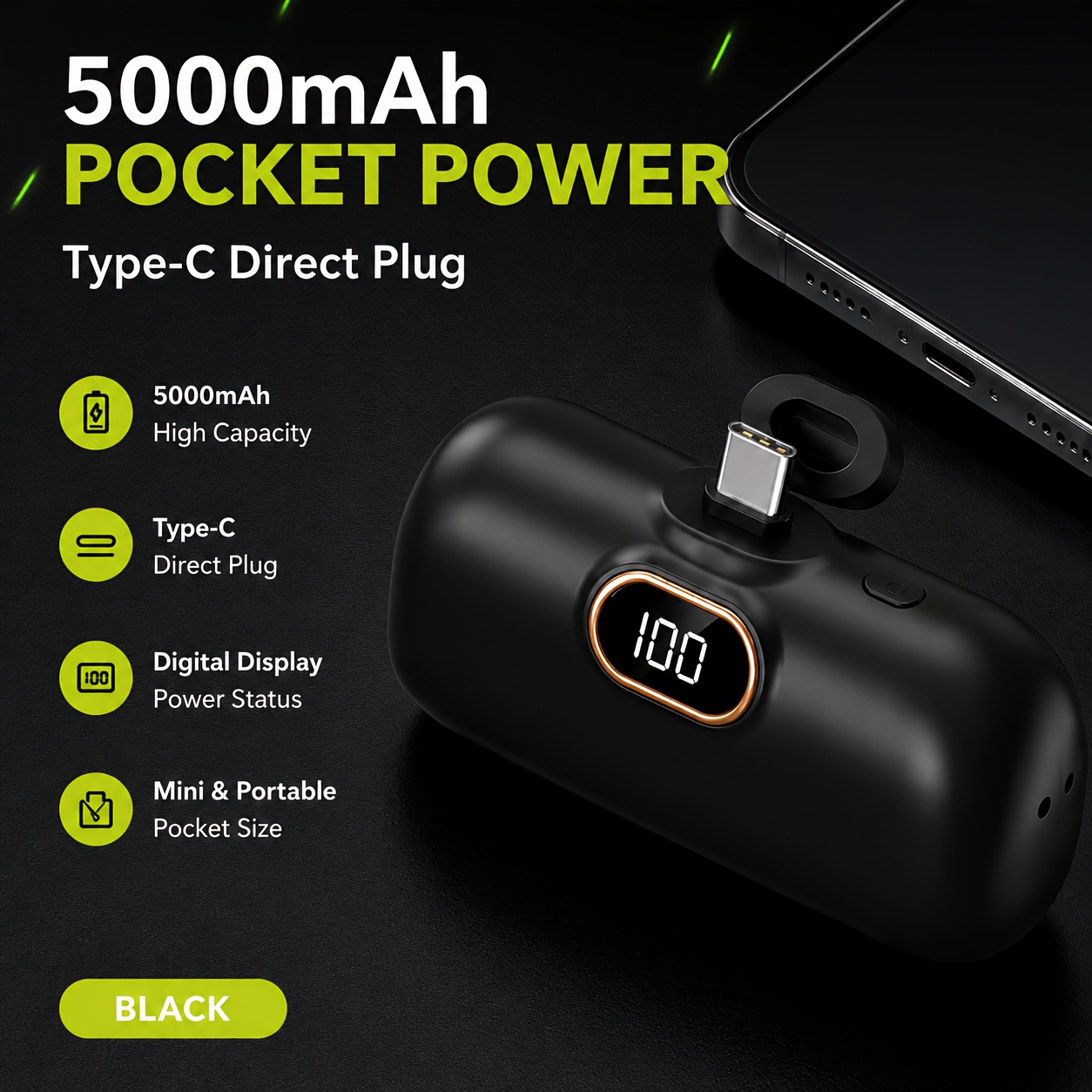 5000mah Portable Power Bank, Type-c Input, Compact And Portable Capsule Design, Compatible With Ios And Systems, Suitable For Mobile Phones, Headphones, Tablets And Other Electronic Devices