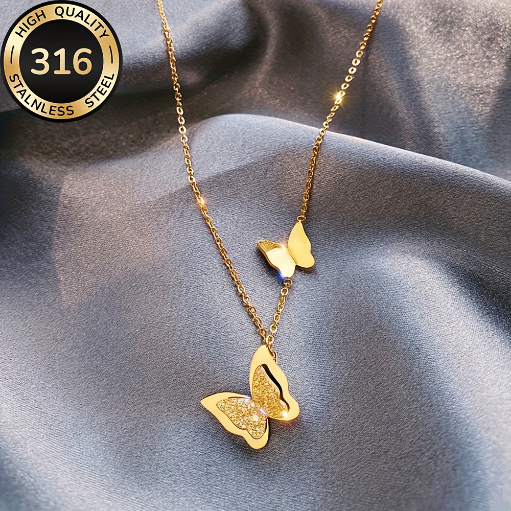 Women's Golden Butterfly Stainless Steel Necklace, Elegant Gift