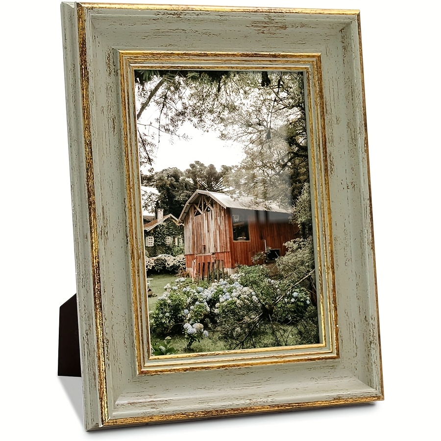 

1pc Vintage Green And White Golden Oblong Resin Picture Frame, Vertical Tabletop Photo Frame For Family, Pet, Wedding, Wall Decor, Gift - 5x7 Inches