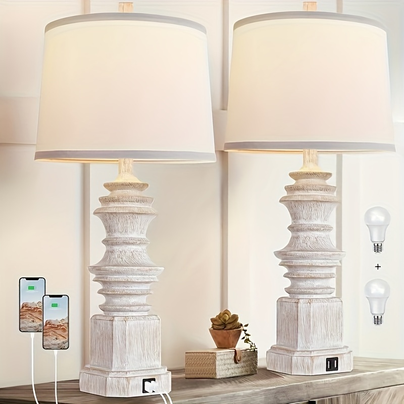 

Table Lamps For Nightstand Set Of 2, Bedside Lamp With Dual Usb Charging , Farmhouse Decor Table Lamps With White Fabric Lampshade For Living Room, Bedroom Lamps With 3 Color Bulbs