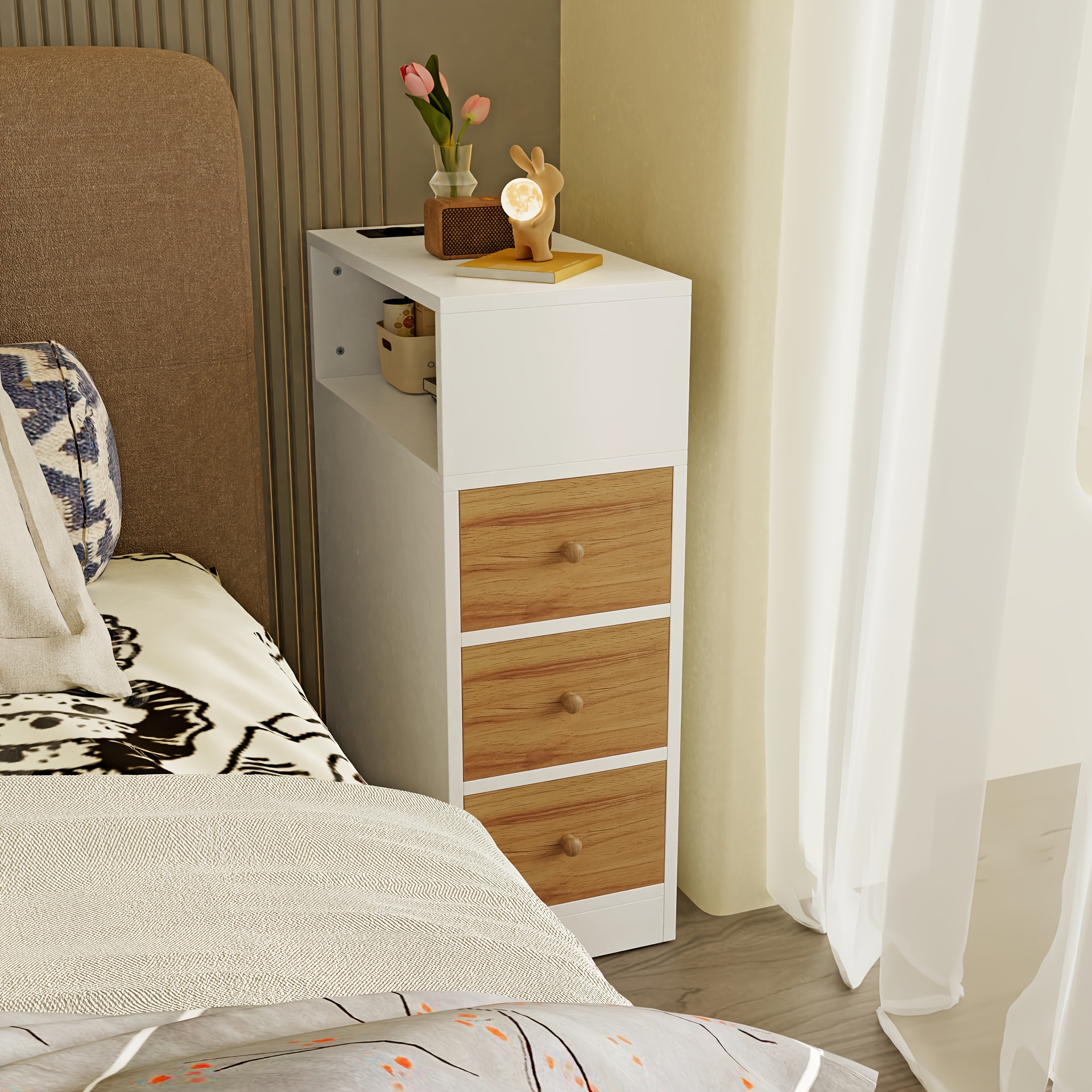 Image of Narrow Bedside Table Measuring 35x25x70cm, With 3 Drawers, 2 Storage Layers, Sofa Side Cabinet, Small Space Cabinet, Office Side Cabinet, In Color