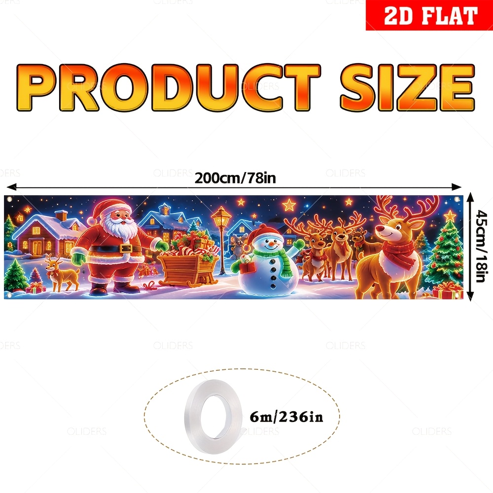 TEMU 2d Flat, 1pc Uv Activated Glow Christmas Banner Suitable For / Use - Uv Reactive Snow Scene With Santa Claus, Snowman, Reindeer Sleigh & Cabin