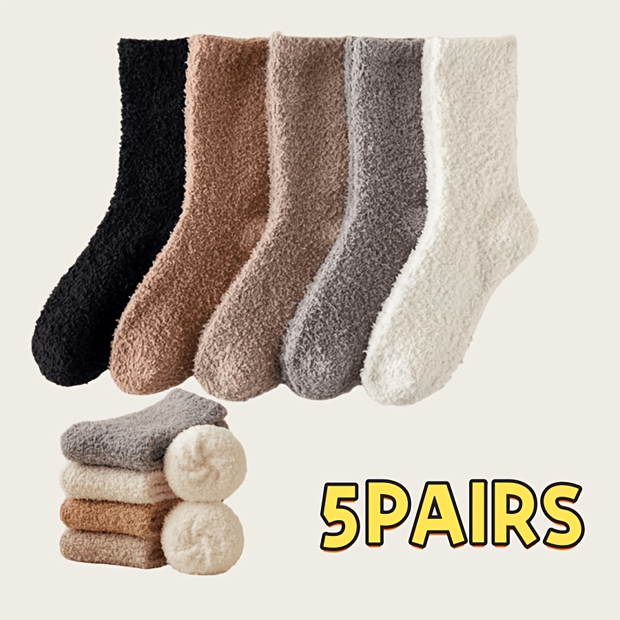 TEMU 5-pair Women's Plush Slipper Socks - Warm Fuzzy Mid-calf Thermal Winter Indoor, Soft Cozy Suitable For - Wear, Machine Washable Socks For,