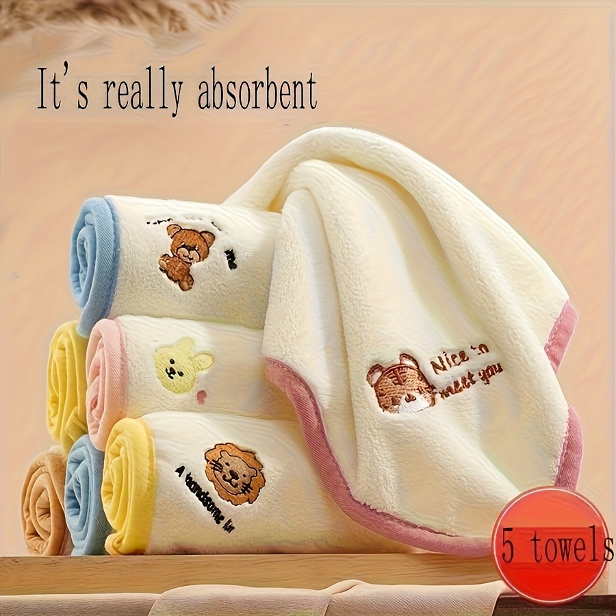 Image of Set Of 5 High-quality Animal Embroidered Towels - Luxurious Adult Facial Cleaning Towels Featuring Cartoon Designs - Absorbent, Perfect For Home Use, A Must-have Versatile Item | Design | Soft Texture
