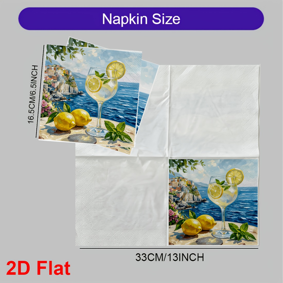 Image of 20pcs 2d Flat Napkins Lemon & Coastal Art Print Napkins Vibrant Mediterranean Scene With Citrus, Mint, And Village For Elegant Table Settings Fit For Party Wedding Christmas Birthday Decoration