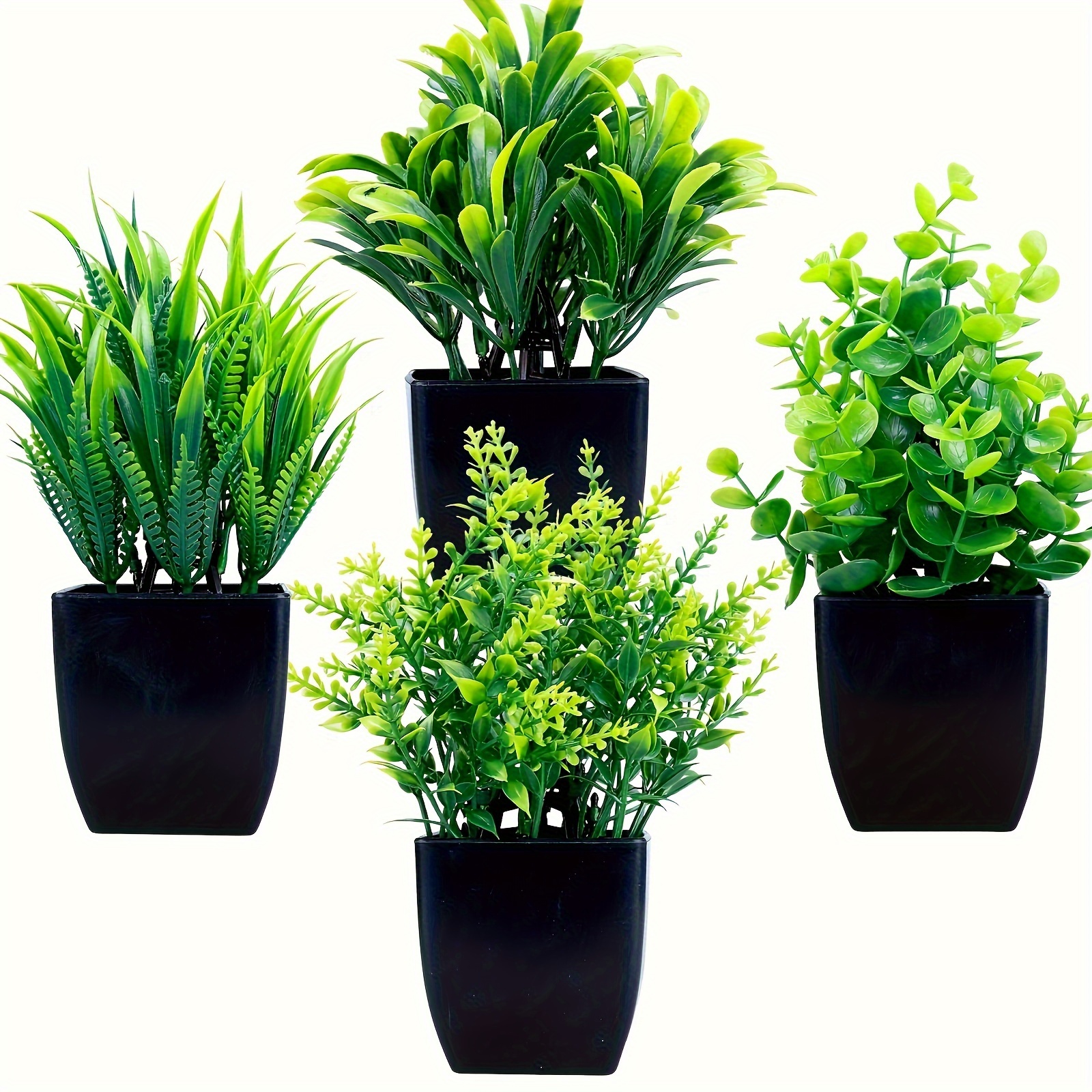 

4 Pack Mini Artificial Plants Set - Plastic Faux Greenery In For Home Office Decor - Perfect , Versatile Fake Eucalyptus & Grass Potted Plants For Indoor Table Decorations