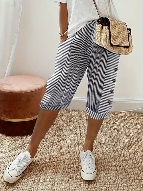 item picture womens fashion casual striped print button decoration elastic waist pocket straight leg knee length pants