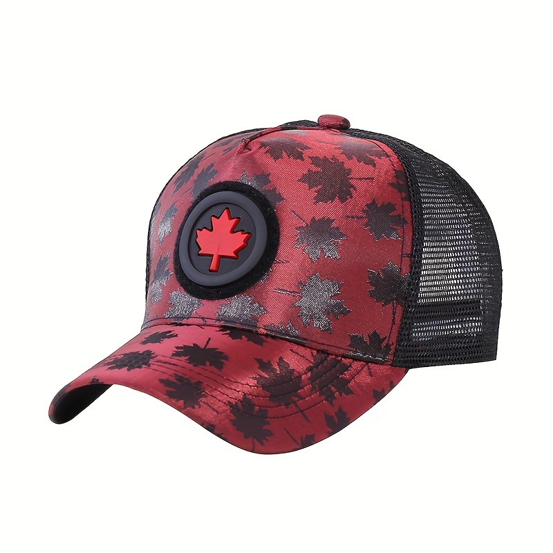 1pc Maple Leaf Rubber Label Patch Cloth Hat with Maple Leaf Dark Flower Print and Back Breathable Grid Cloth, 4.99, Grey,Temu