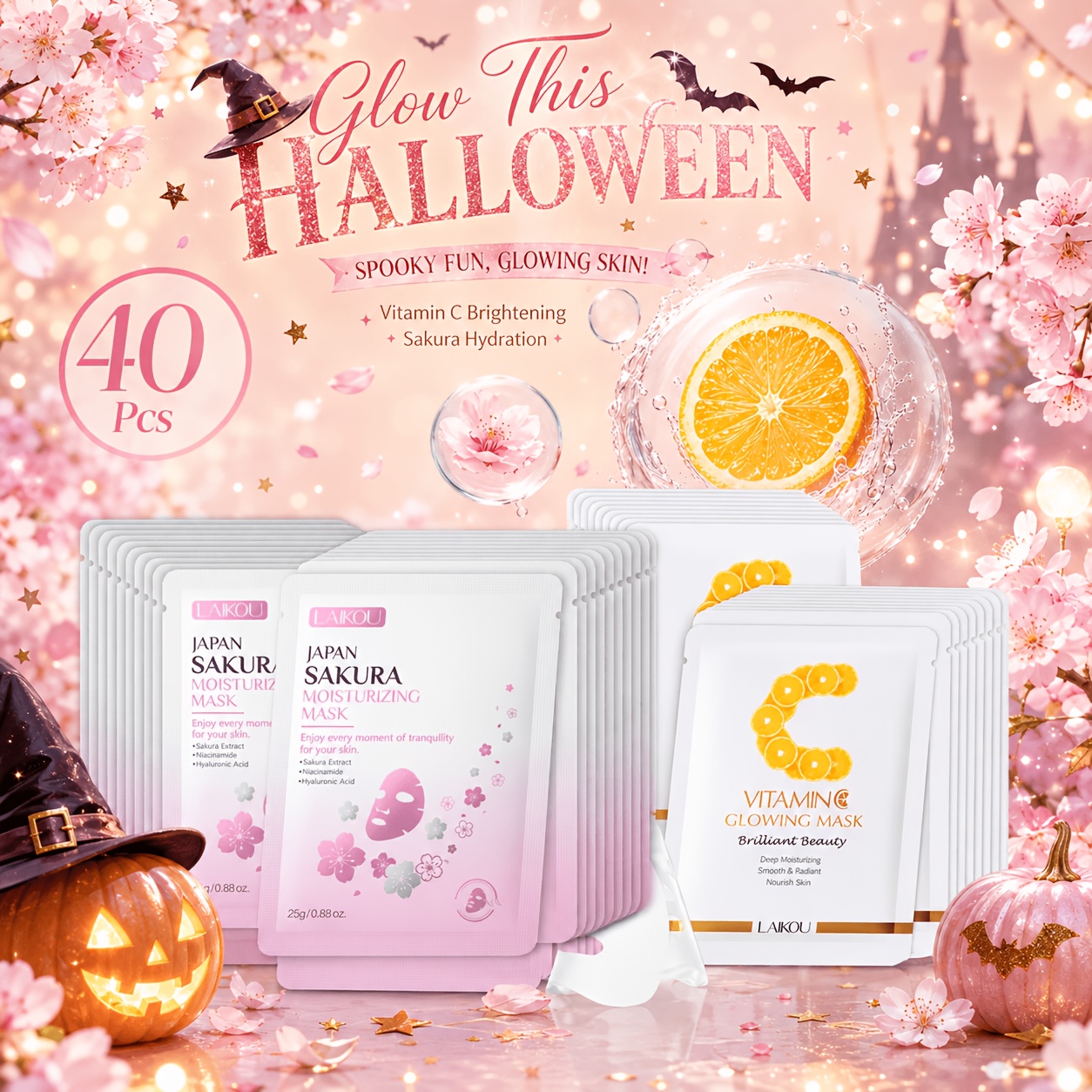 Image of Laikou Facial Mask 40pcs, With 20pcs Vitamin C Mask & 20pcs Sakura Mask, Deep Moisturizing, Gentle Face Mask, Birthday Gift, For Types