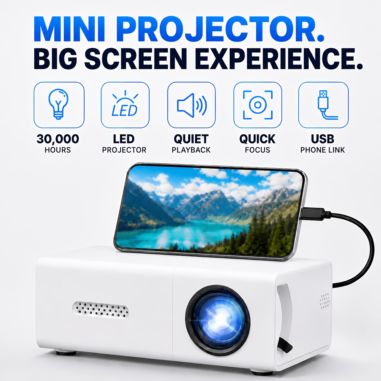 TEMU Portable Mini Projector, Compact Home Projector, Usb/wired Screen , Compatible With Phones, Computers, Usb, Ideal For Home Theater And Office
