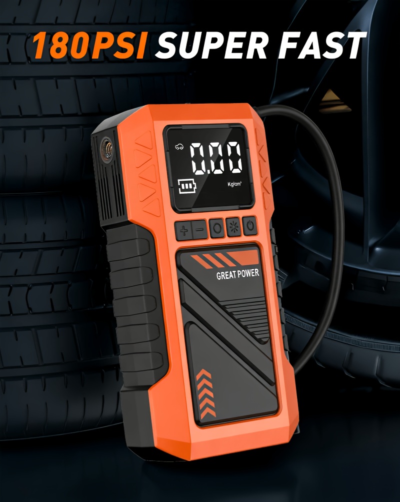 Upgraded 10-In-1 Multifunctional Portable Air Compressor, Equipped with 180 PSI Air Pump, Heavy-Duty Car Emergency Jump Start Kit, Emergency Starter Box for 5.0L Gasoline/101.44Oz Diesel, Portable Tire Inflator, 8000A Peak, 3 Modes Lighting