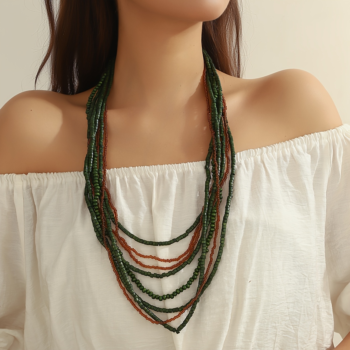 Image of 1pc Bohemian Multilayer Necklace With Wood & Glass Beads - Wood Beads Suitable For Vacation,, Layered Necklace, For Teenager