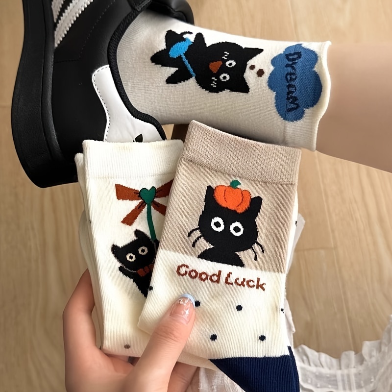 

4 Pairs Of Cute Cat Mid-calf Socks For Autumn And Winter