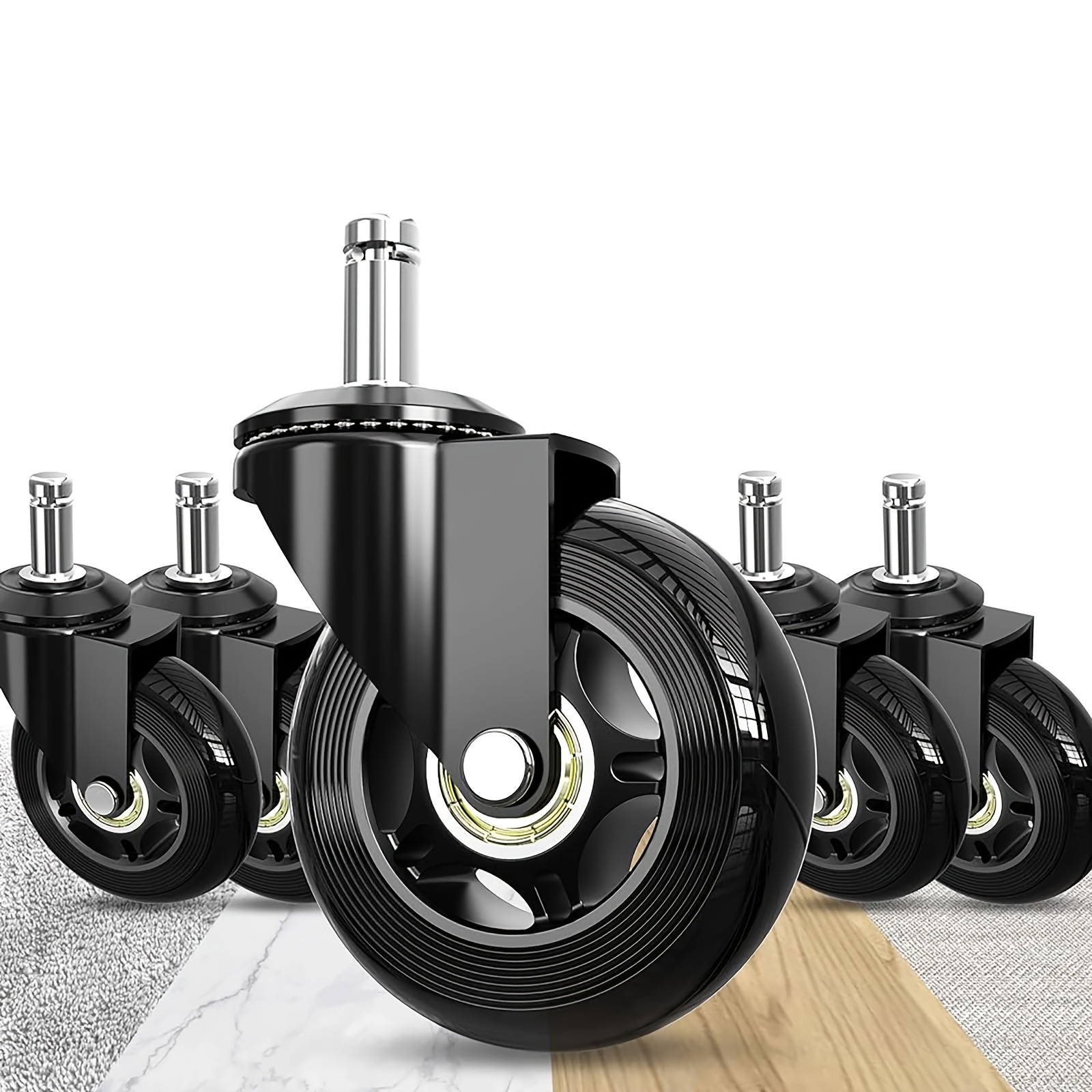 5pcs Set Universal 11mm Stem Office Chair Casters, 360 Degree Quiet Rotating Replacement Wheels, Smooth Rolling 75mm Chair Casters, Transparent And Black For Indoor Use