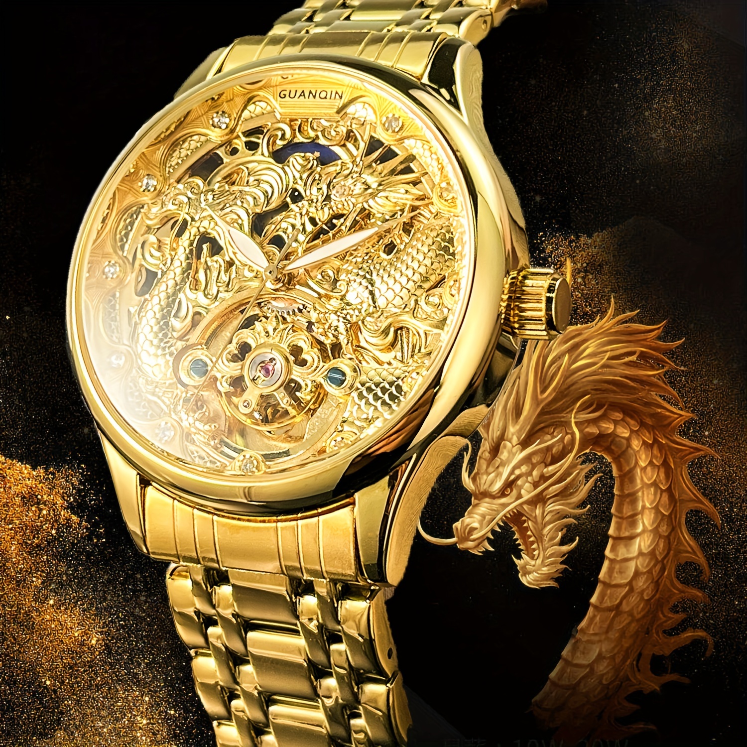 

Montre Mécanique Automatique Dragon , Bracelet en Acier Doré pour Homme