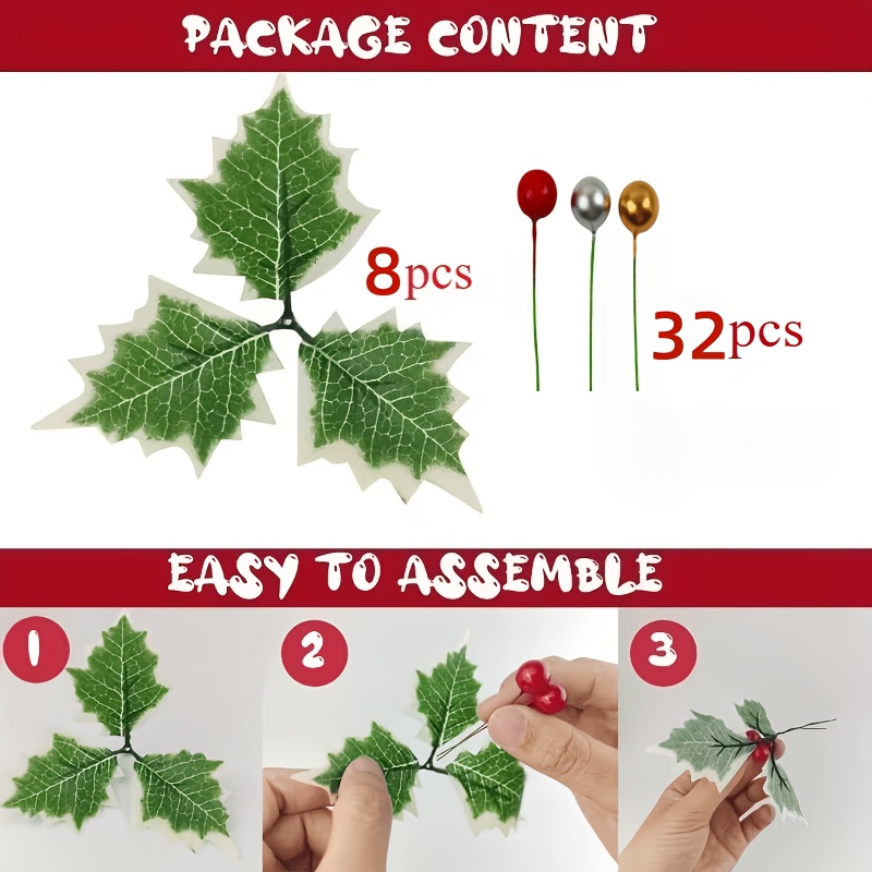 TEMU 40pcs Artificial Berry Holly Leaves -8 Leaves And 32 Mixed Color Berries - Suitable For Handmade Flower Garlands And Arrangements As Christmas