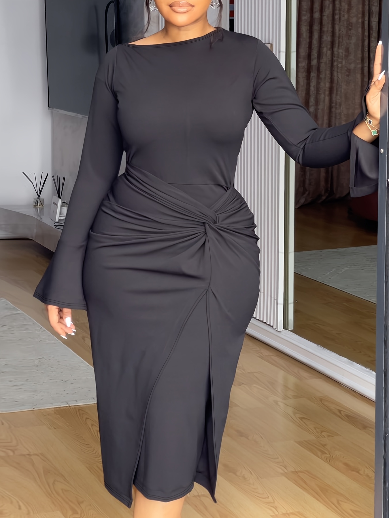 Plus Size - Plus Size - Elegant Directional Asymmetrical Pleated Slit Dress with Notch Collar And Solid Color for Professional Commute