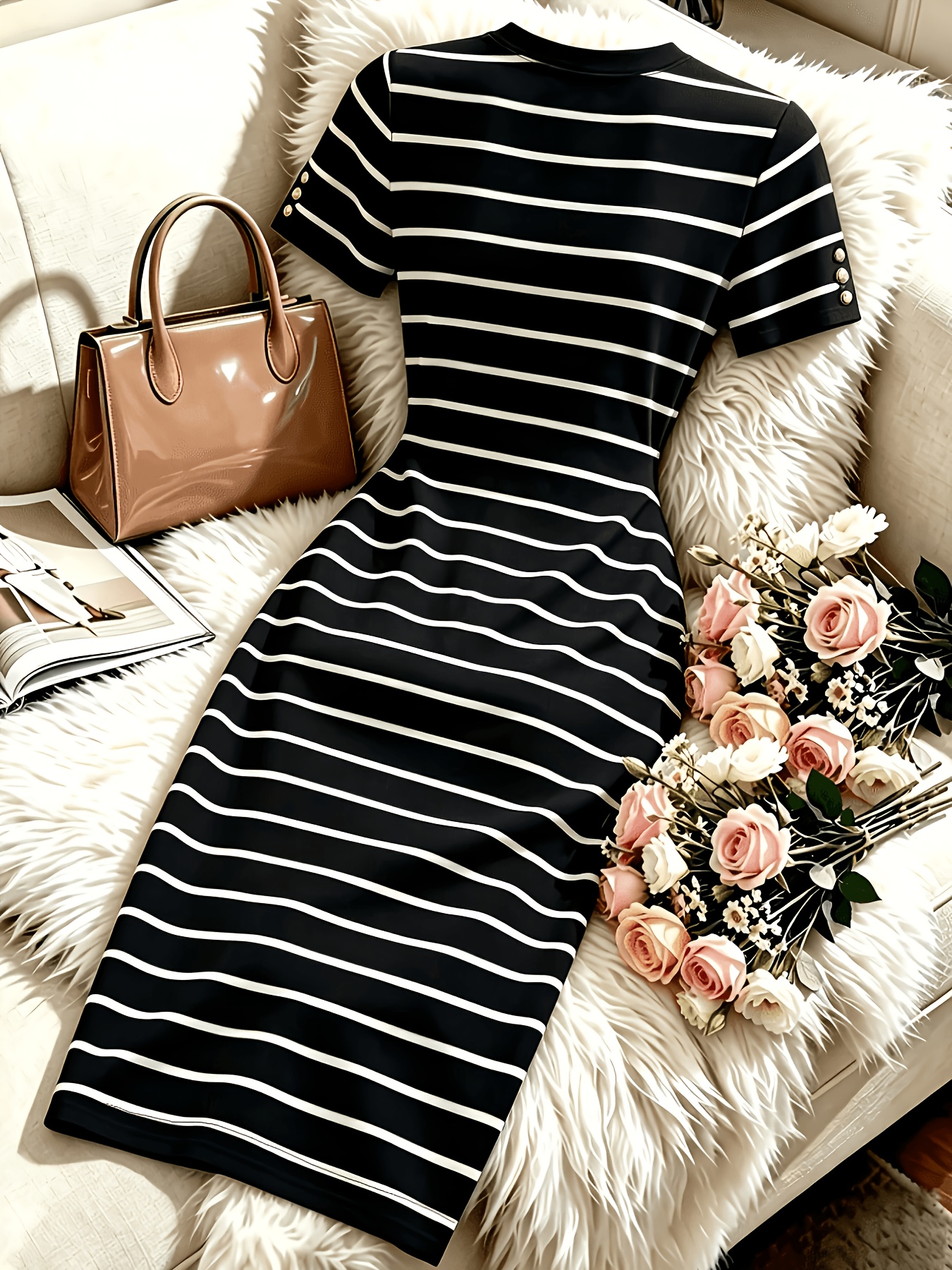 vestido de mujer  , a rayas  , cuello  , manga corta, cintura ceñida,   media