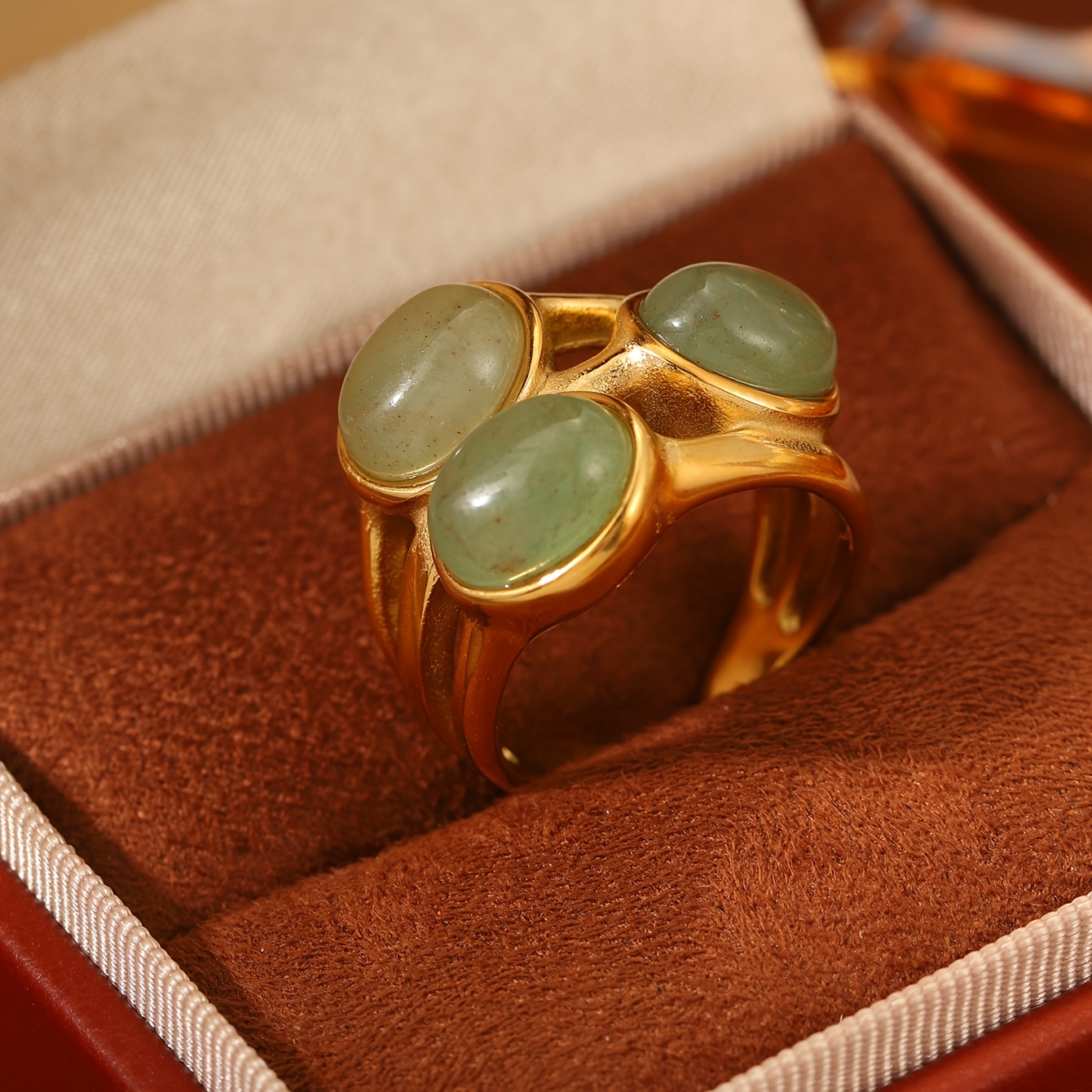 TEMU 1pc Bague Rétro Française en Agate Verte et Naturelle en Acier Inoxydable, Taille Ajustable, Bijou de Qualité, Unisexe, Personnalisé, Bague