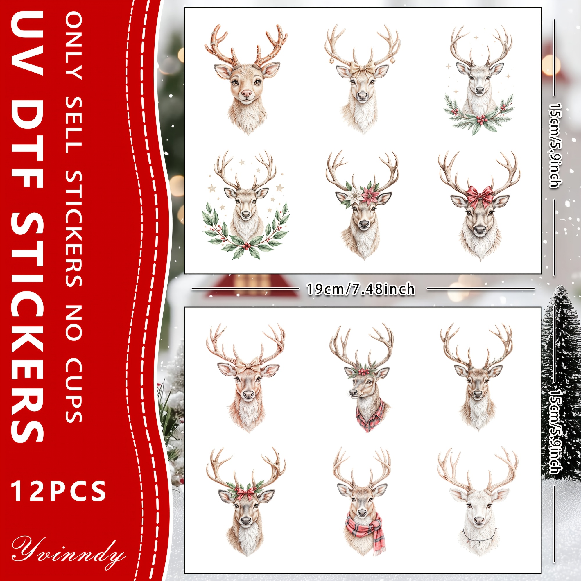 TEMU 12-teiliges Set Aquarell-Rentierkopf UV-DTF-Transfer – Wasserfestes UV-DTF-Transferpapier für Kunst Basteln, Scrapbooks Siegel – Einfach