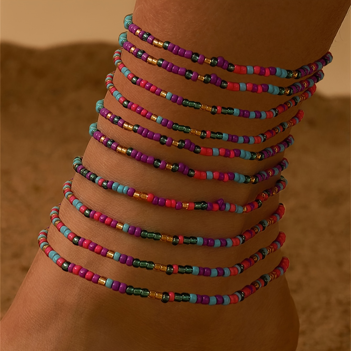 Set Of 10 Women's Elastic Rope Anklets, Easy Minimalist Ankle Bracelets, Beach Additions