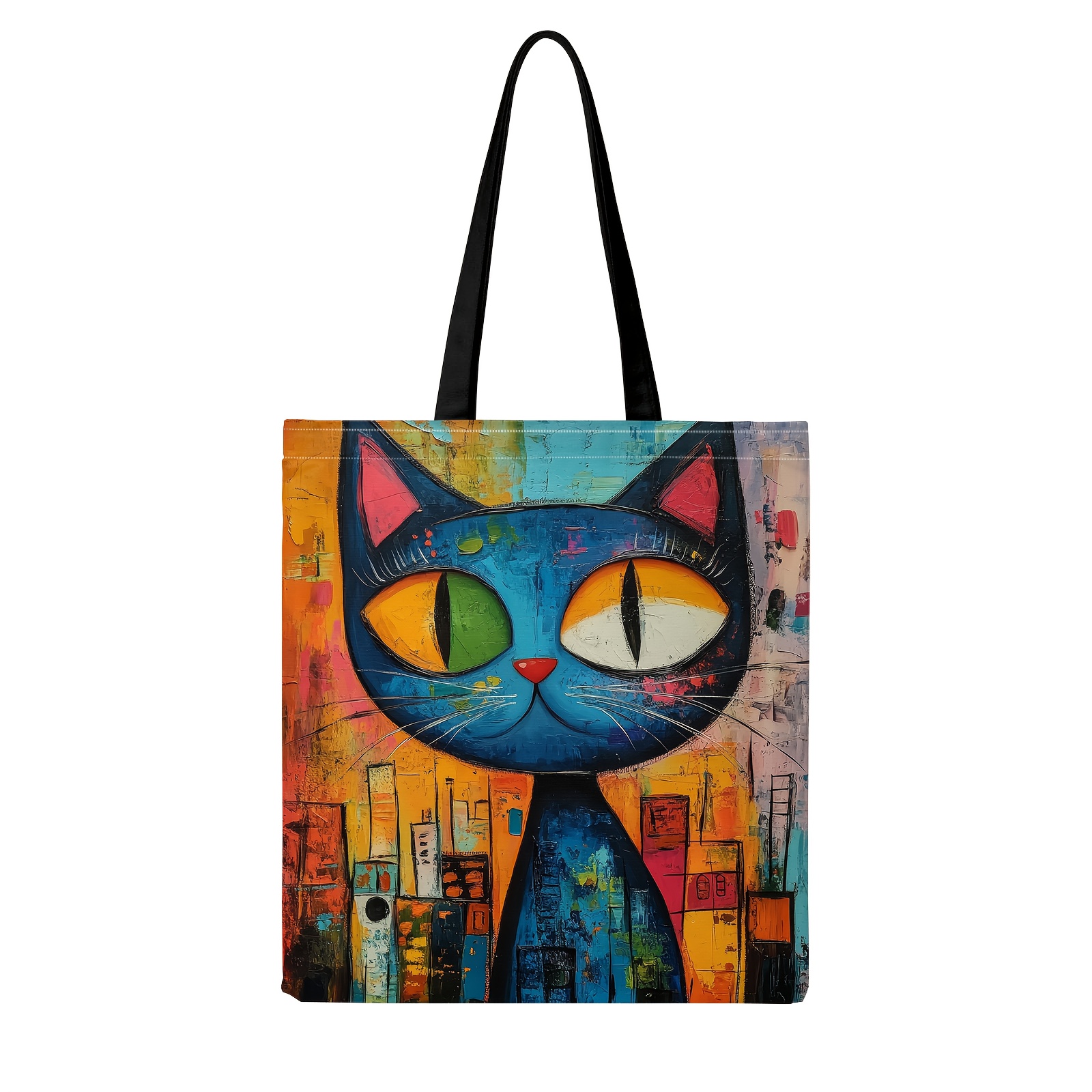 TEMU 【夢見る青い猫のアートトートバッグ】な漫画プリントのショッピングバッグ。丈夫で再利用可能。便利なショルラップデザイン。普段使い、ビーチ、ショッピングに最適。で実用的なショルラップ。