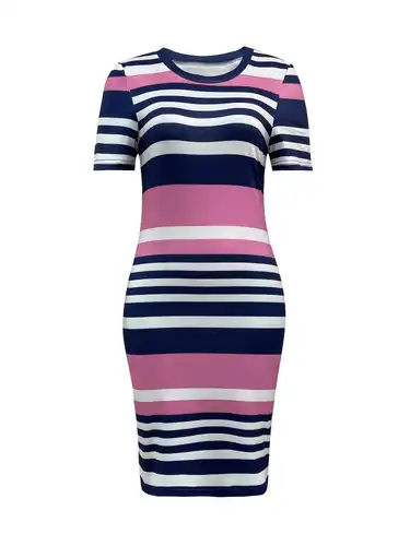 red white and blue striped bodycon dress Summer New American Retro Blue & White Striped Contrast Red Trim Spaghetti Strap Bodycon Dress, Striped Vintage Elegant Casual Fabric For Evening Date, Beach, Home, Vacation, Daily Wear