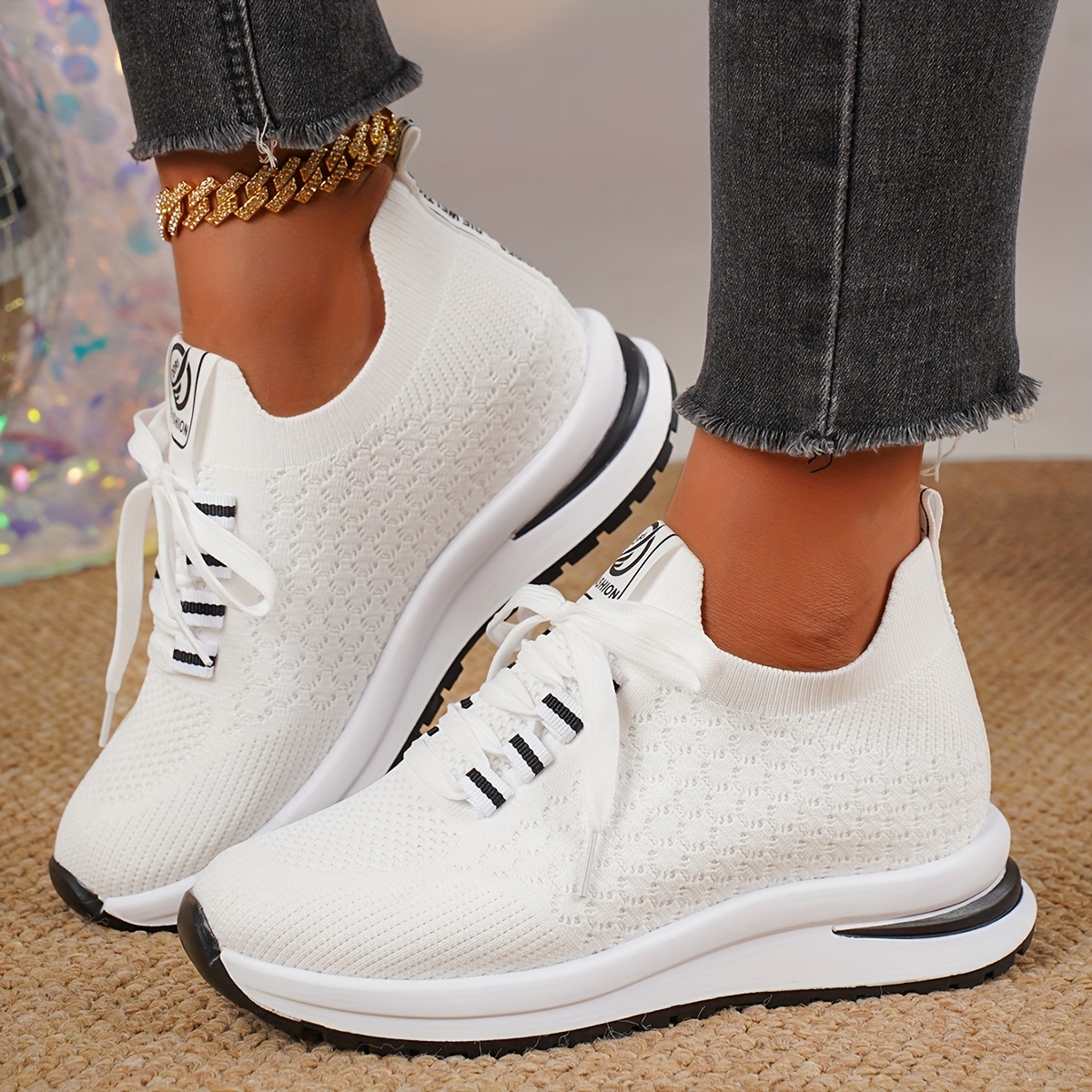 women's stylish white wedge sneakers breathable knit fabric Temu