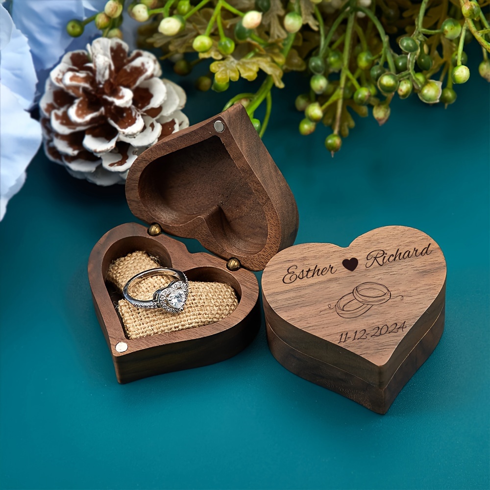 

Custom Engraved Heart-shaped Wooden Ring Box, Dual-slot Engagement & Proposal Ring Case, Personalized Jewelry Holder, Anniversary Gift - Wood Material, Portable Design, No Power Needed