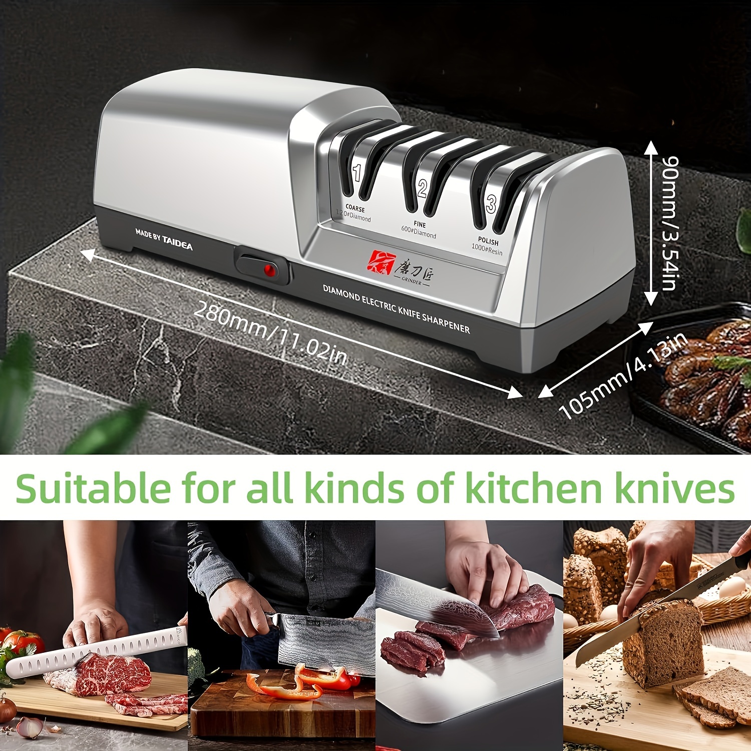 Professional Electric Knife Sharpener: 3-Stage System for Kitchen Knives And Ceramic Knives - Fine Soft Angle Grinding with Diamond Abrasives - 120V, 120# Diamond, 600# Diamond, 1000# Resin Polish - Suitable for Straight Blades - Made by GRINDER 11 Professional Electric Knife Sharpener: 3-Stage System for Kitchen Knives And Ceramic Knives - Fine Soft Angle Grinding with Diamond Abrasives - 120V, 120# Diamond, 600# Diamond, 1000# Resin Polish - Suitable for Straight Blades - Made by GRINDER